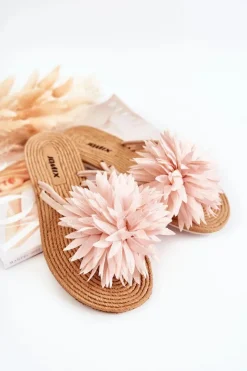 Clearance Boto Damskie Klapki Japonki Z Materiałową Ozdobą Jasnoróżowe Eviana