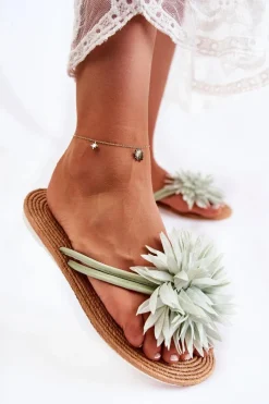 Klapki Damskie Japonki>Boto Damskie Klapki Japonki Z Materiałową Ozdobą Zielone Eviana