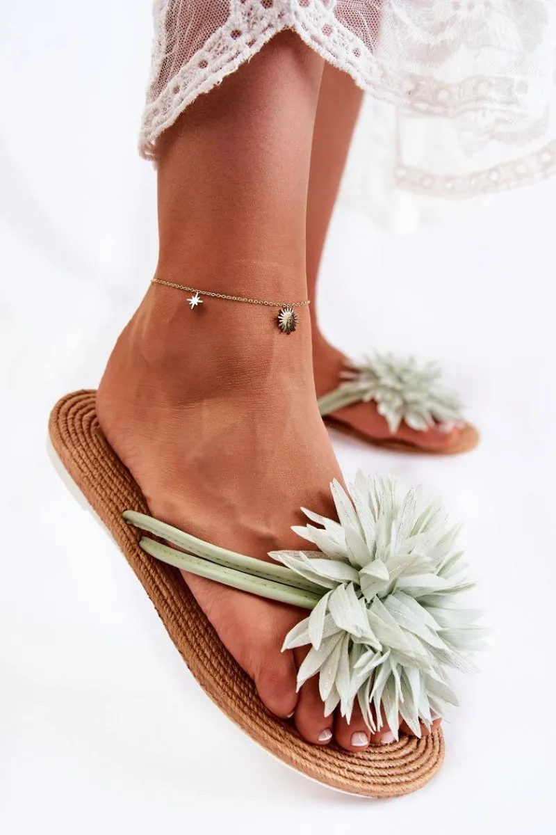 Klapki Damskie Japonki>Boto Damskie Klapki Japonki Z Materiałową Ozdobą Zielone Eviana