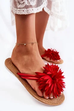 Klapki Damskie Japonki>Boto Damskie Klapki Japonki Z Materiałową Ozdobą Czerwone Eviana Czerwony