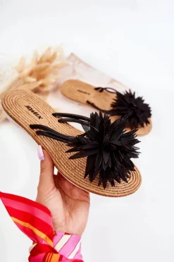 Best Damskie Klapki Japonki Z Materiałową Ozdobą Czarne Eviana Damskie Klapki Damskie Klasyczne