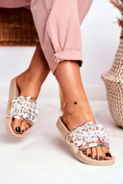 Sale Damskie Klapki Lu Boo Kryształki Beżowe Bobbi Damskie Klapki Damskie Klasyczne