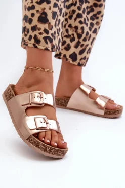 Hot Boto Damskie Klapki Na Korkowej Platformie Z Klamrami Różowe Złoto Klinesta