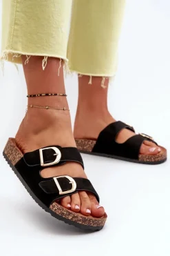 New Boto Damskie Klapki Na Korkowej Platformie Z Paskami Czarne Doretta