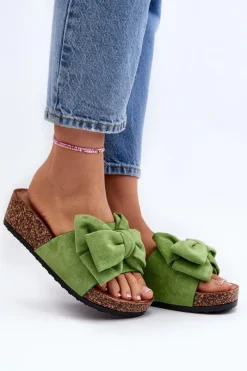 Sale Damskie Klapki Na Korkowej Platformie Z Kokardą Zielone Tarena Damskie Klapki Korkowe|Klapki Damskie Klasyczne