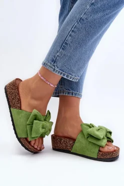 Sale Damskie Klapki Na Korkowej Platformie Z Kokardą Zielone Tarena Damskie Klapki Korkowe|Klapki Damskie Klasyczne