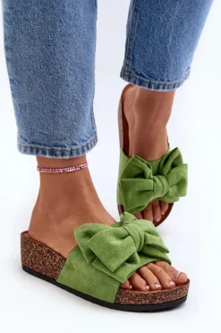 Sale Damskie Klapki Na Korkowej Platformie Z Kokardą Zielone Tarena Damskie Klapki Korkowe|Klapki Damskie Klasyczne
