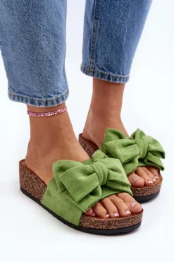 Sale Damskie Klapki Na Korkowej Platformie Z Kokardą Zielone Tarena Damskie Klapki Korkowe|Klapki Damskie Klasyczne
