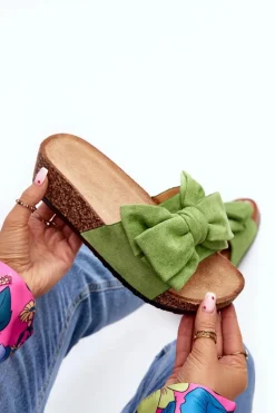 Sale Damskie Klapki Na Korkowej Platformie Z Kokardą Zielone Tarena Damskie Klapki Korkowe|Klapki Damskie Klasyczne