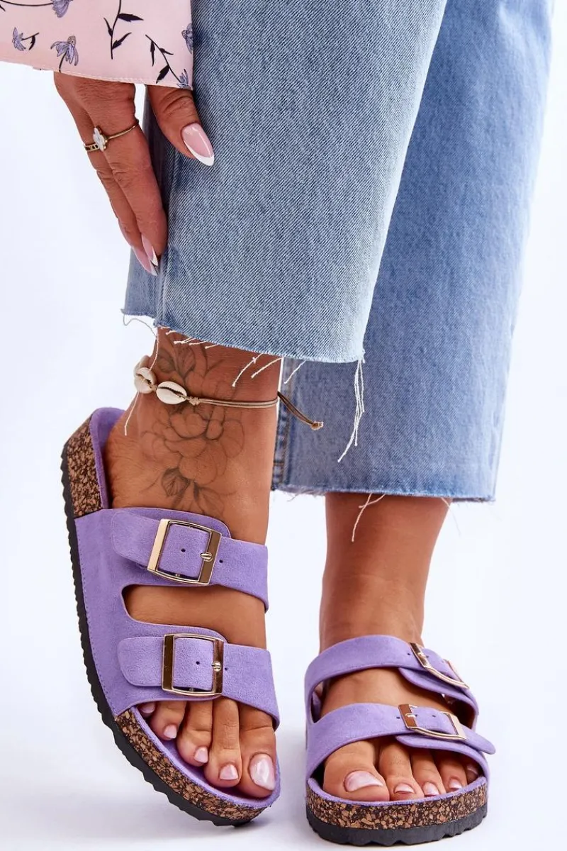 Outlet Damskie Klapki Na Korkowej Platformie Z Paskami Fioletowe Doretta Damskie Klapki Korkowe|Klapki Na Platformie