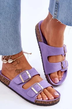 Outlet Damskie Klapki Na Korkowej Platformie Z Paskami Fioletowe Doretta Damskie Klapki Korkowe|Klapki Na Platformie