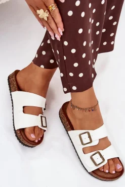 Discount Evento Damskie Klapki Na Korkowej Platformie Z Klamrami Białe Vesina Biały