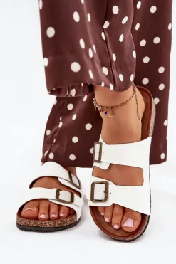 Discount Evento Damskie Klapki Na Korkowej Platformie Z Klamrami Białe Vesina Biały