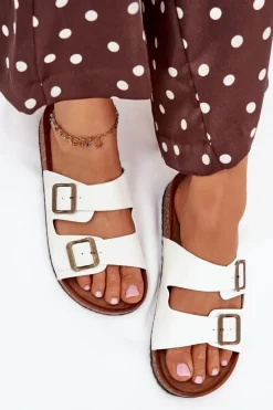 Discount Evento Damskie Klapki Na Korkowej Platformie Z Klamrami Białe Vesina Biały