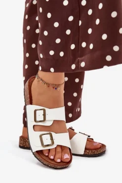 Discount Evento Damskie Klapki Na Korkowej Platformie Z Klamrami Białe Vesina Biały