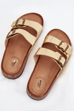 Online Damskie Klapki Na Korkowej Platformie Z Klamrami Złote Vesina Damskie Klapki Korkowe|Klapki Na Platformie