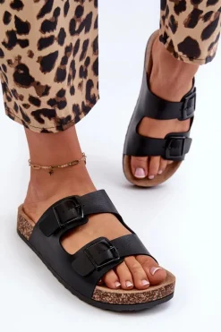 Hot Damskie Klapki Na Korkowej Platformie Z Klamrami Czarne Klinesta Damskie Klapki Korkowe|Klapki Na Platformie