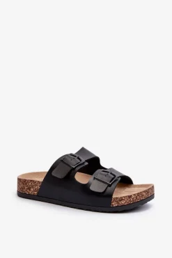 Hot Damskie Klapki Na Korkowej Platformie Z Klamrami Czarne Klinesta Damskie Klapki Korkowe|Klapki Na Platformie