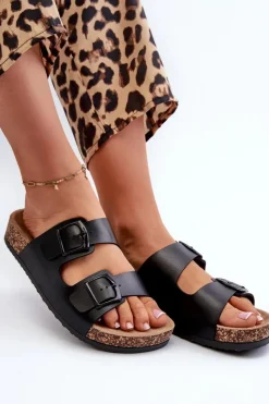 Hot Damskie Klapki Na Korkowej Platformie Z Klamrami Czarne Klinesta Damskie Klapki Korkowe|Klapki Na Platformie