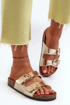 Outlet Damskie Klapki Na Korkowej Platformie Z Paskami Złote Doretta Damskie Klapki Korkowe|Klapki Na Platformie