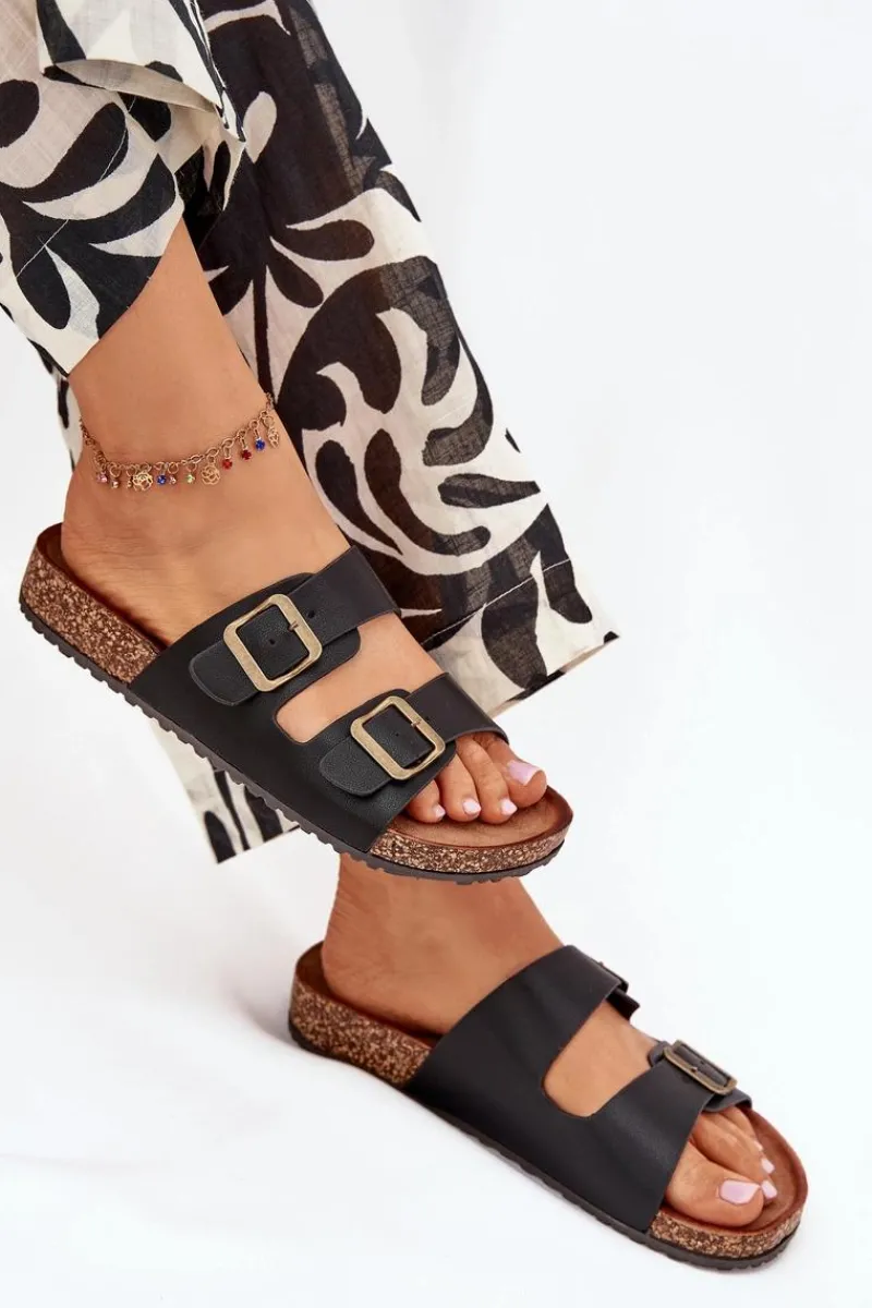 New Damskie Klapki Na Korkowej Platformie Z Klamrami Czarne Vesina Damskie Klapki Korkowe|Klapki Na Platformie