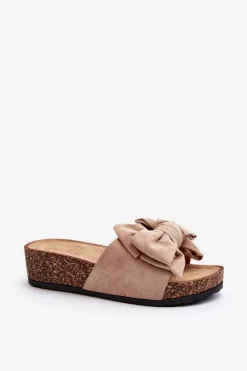Best Boto Damskie Klapki Na Korkowej Platformie Z Kokardą Khaki Tarena
