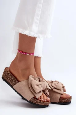 Best Boto Damskie Klapki Na Korkowej Platformie Z Kokardą Khaki Tarena