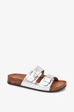 Outlet Evento Damskie Klapki Na Korkowej Platformie Z Klamrami Srebrne Vesina Srebrny