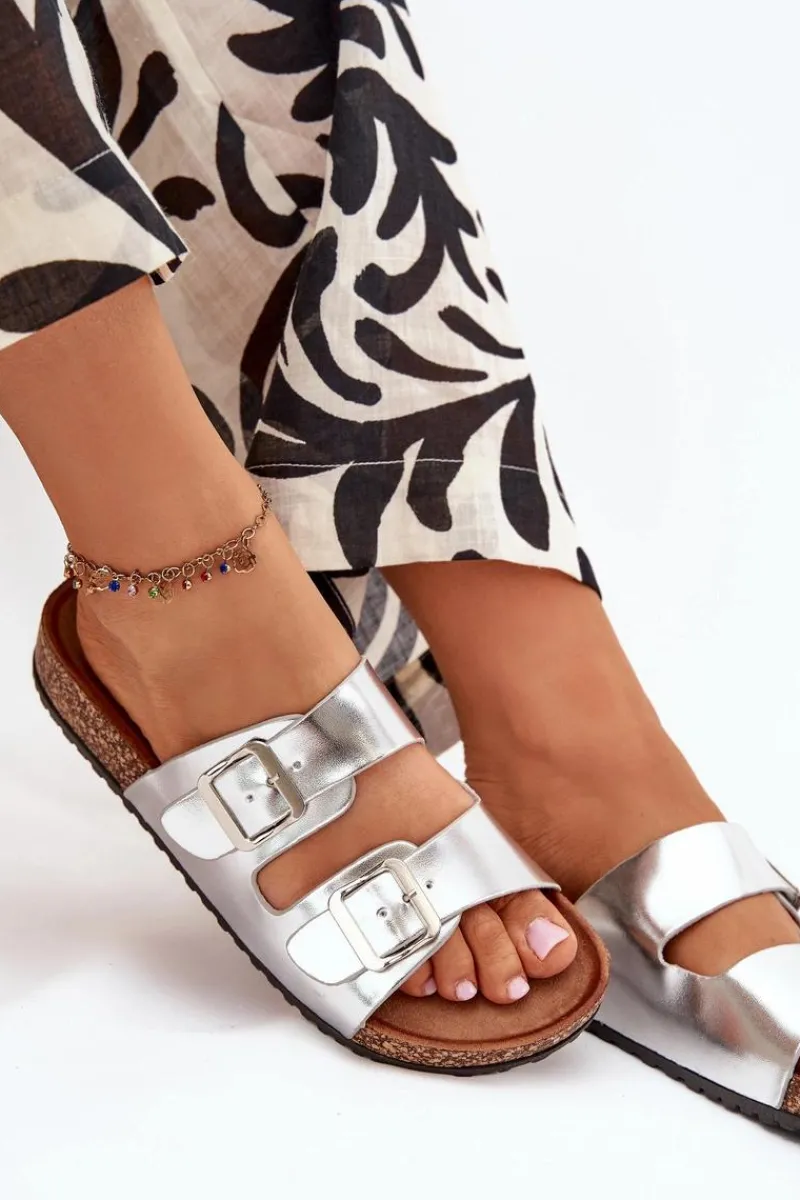 Outlet Evento Damskie Klapki Na Korkowej Platformie Z Klamrami Srebrne Vesina Srebrny