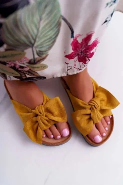 Boto Damskie Klapki Na Korku Kokarda Żółte Randy