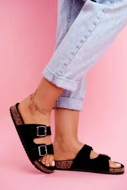 Sale Damskie Klapki Na Korku Z Klamrami Czarne Si Senor Damskie Klapki Korkowe|Klapki Damskie Klasyczne