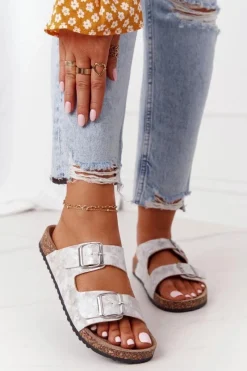 Best Evento Damskie Klapki Na Korku Z Klamrami Srebrne Vivio Szary