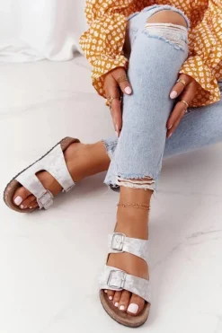 Best Evento Damskie Klapki Na Korku Z Klamrami Srebrne Vivio Szary