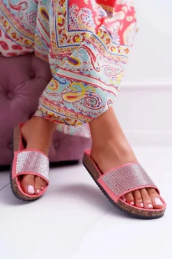 Clearance Boto Damskie Klapki Na Korku Z Kryształkami Koralowe Do It!