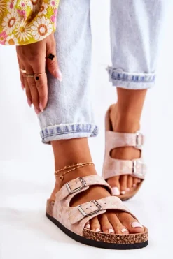 Discount Damskie Klapki Na Korku Z Klamrami Różowe Złoto Vivio Damskie Klapki Korkowe|Klapki Damskie Klasyczne