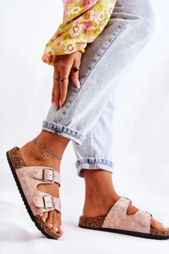 Discount Damskie Klapki Na Korku Z Klamrami Różowe Złoto Vivio Damskie Klapki Korkowe|Klapki Damskie Klasyczne