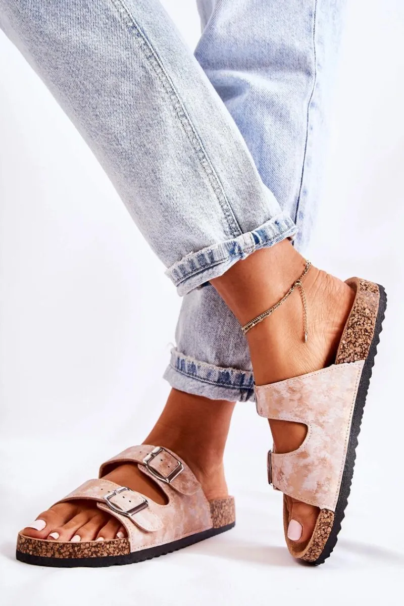 Discount Damskie Klapki Na Korku Z Klamrami Różowe Złoto Vivio Damskie Klapki Korkowe|Klapki Damskie Klasyczne