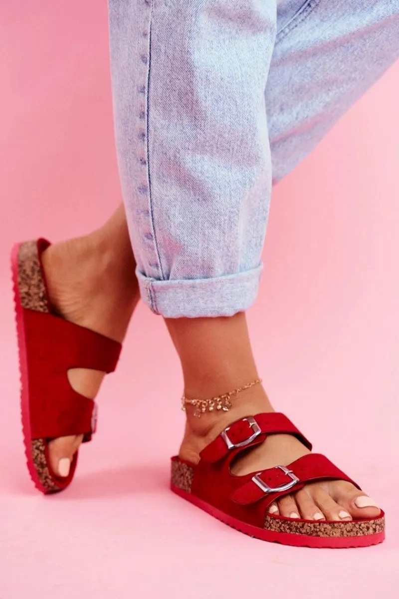 New Damskie Klapki Na Korku Z Klamrami Czerwone Si Senor Damskie Klapki Korkowe|Klapki Damskie Klasyczne