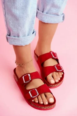 New Damskie Klapki Na Korku Z Klamrami Czerwone Si Senor Damskie Klapki Korkowe|Klapki Damskie Klasyczne