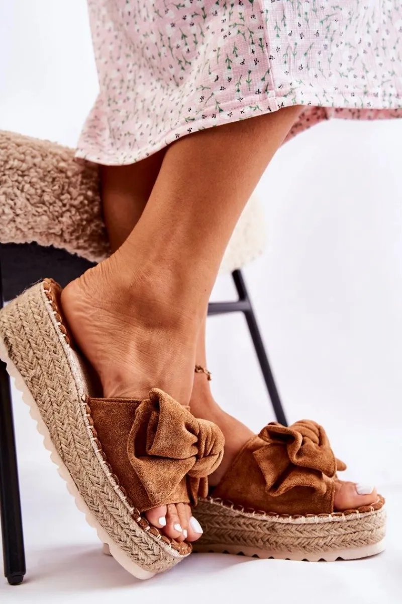 Online Boto Damskie Klapki Na Koturnie Z Kokardą Brązowe Tayla