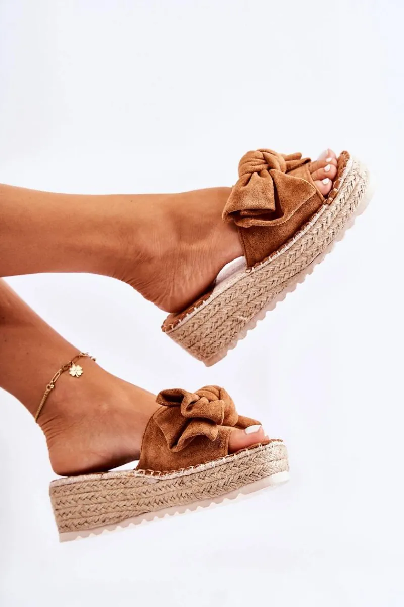 Online Boto Damskie Klapki Na Koturnie Z Kokardą Brązowe Tayla