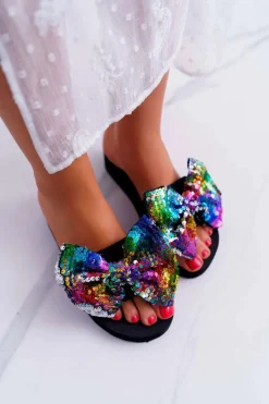 Klapki Na Koturnie|Klapki Na Obcasie>Boto Damskie Klapki Na Koturnie Piankowe Kokarda Opalizujące Cekiny Meow