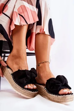 Sale Boto Damskie Klapki Na Koturnie Z Kokardą Czarne Tayla