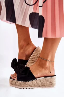 Sale Boto Damskie Klapki Na Koturnie Z Kokardą Czarne Tayla