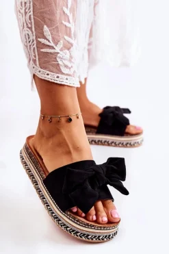 Clearance Boto Damskie Klapki Na Masywnej Platformie Z Kokardą Czarne Macardi