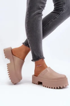 Big Star Shoes Damskie Klapki Na Masywnej Podeszwie Big Star NN274016 Beżowe Beżowy