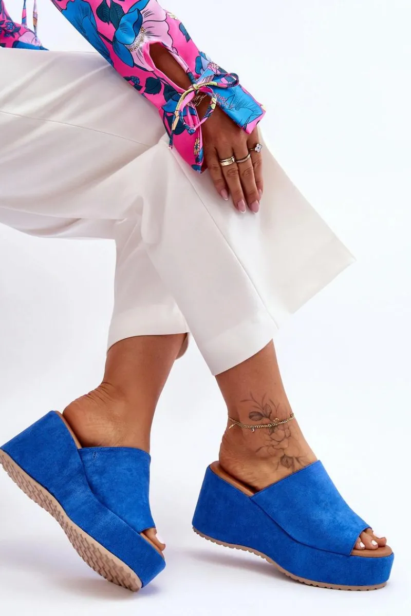 Hot Damskie Klapki Na Masywnej Platformie Niebieskie Martina Damskie Klapki Na Koturnie|Klapki Damskie Klasyczne