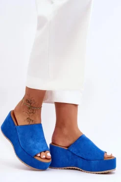 Hot Damskie Klapki Na Masywnej Platformie Niebieskie Martina Damskie Klapki Na Koturnie|Klapki Damskie Klasyczne