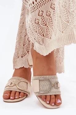 New Boto Damskie Klapki Na Obcasie Z Ozdobnym Detalem Beżowe Julinemi