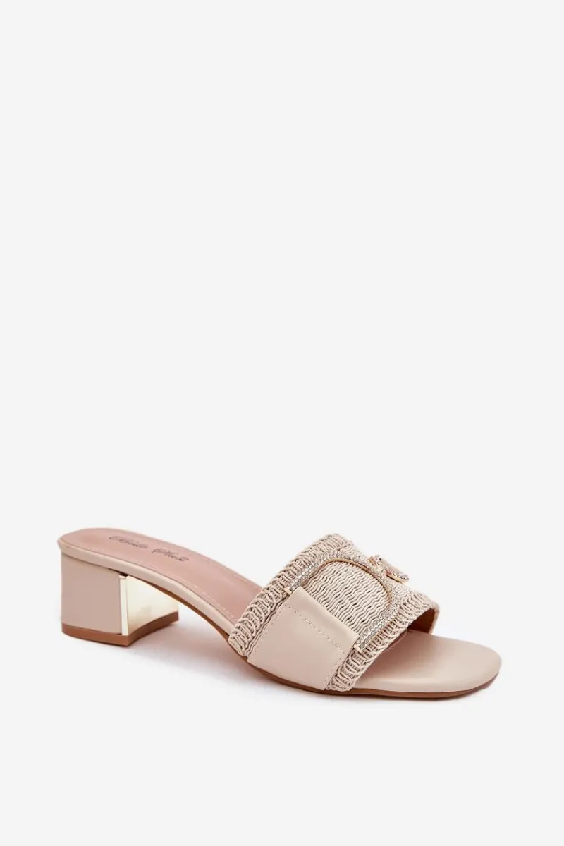 New Boto Damskie Klapki Na Obcasie Z Ozdobnym Detalem Beżowe Julinemi